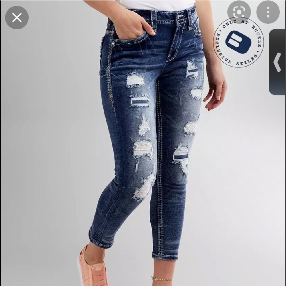 Rock Revival Women's Skinny Jeans in Dark Blue Distressed Wash